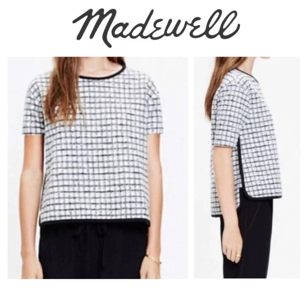 Madewell Brushed Windowpane Wool Blend Black White Plaid Checkered Sweater Top